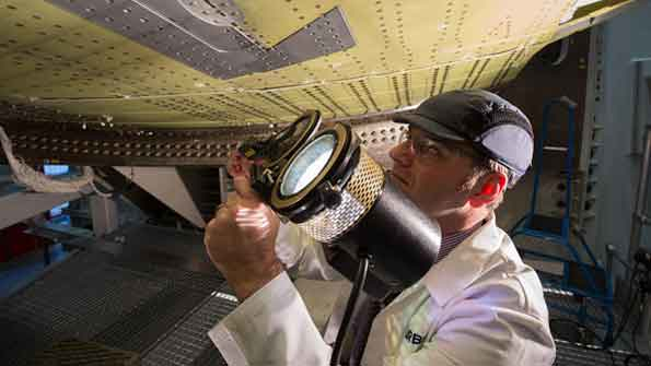 Engineers conduct a fatigue test on part of a Airbus A320 wing on a test rig at the Airbus aircraft manufacturer39s Filton site on November 19 2015 in Bristol England