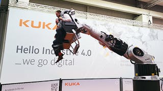 Hannover Messe attendees ride a roller coaster, of sorts, consisting entirely of a Kuka industrial robot and a pair of seats. The Chinese appliance maker Midea is angling to acquire as much as 30% of German-headquartered Kuka.