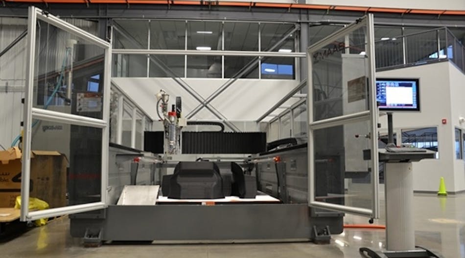 Cincinnati Inc.&rsquo;s BAAM is linear motor-driven system based on the structure, drives, and controls of a laser-cutting machine. It has a work envelope of up to 2.4x6x2 m (8x20x6 ft), and extrudes hot thermoplastic to build parts in layers, based on CAD data.