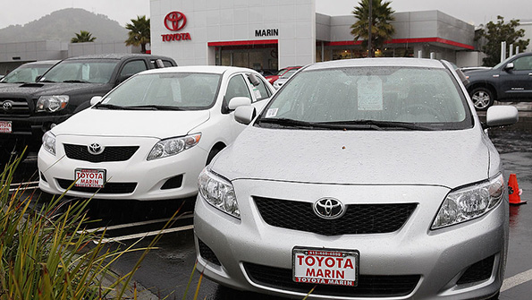 2010 Toyota Corollas sit on the lot