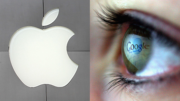 Apple logo and Google wordmarks staring each other down more or less