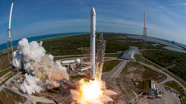 The SpaceX Falcon 9 rocket and Dragon spacecraft lift off in April