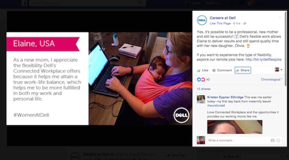 The Careers at Dell Facebook page. Employees are encouraged to post and tweet their own work-friendly stories with the tags #iwork4dell and #lifeatdell.