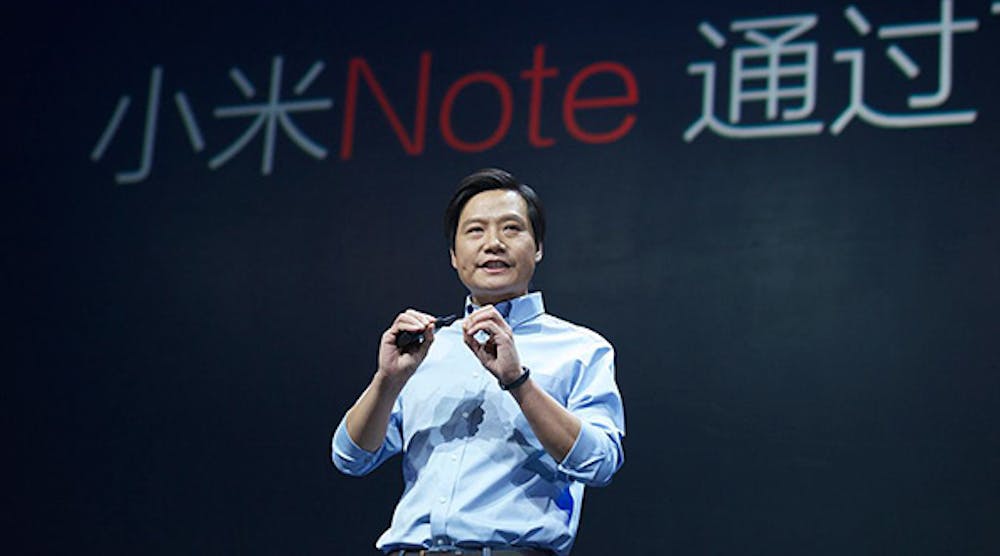 Lei Jun, the founder, chairman and CEO of Xiaomi, introduces the Mi Note at a 2015 event. In an effort to build its brand around the world, Xiaomi recnetly bought about 1,500 Microsoft patents.