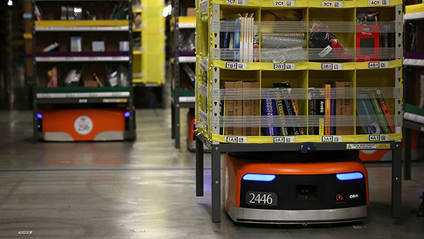 Kiva robots move merchandise at an Amazon fulfillment center in California