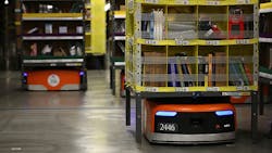 Kiva robots move merchandise at an Amazon fulfillment center in California Kiva robots move merchandise at an Amazon fulfillment center in California