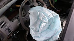 A Takata airbag, deployed inside a 2001 Honda Accord. The Accord is one of seven Hondas or Acuras whose airbags need to be replaced immediately, according to the NHTSA.