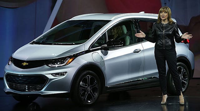 GM CEO Mary Barra introduces the Chevy Bolt EV at CES 2016 in January.