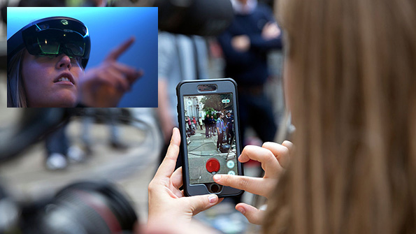 Pokemon Go user with a Microsoft HoloLens user inset over