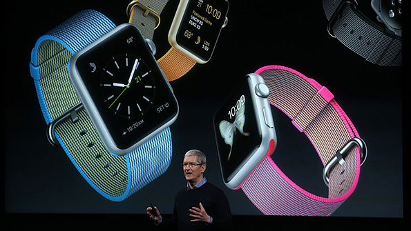 Apple CEO Tim Cook discusses the Apple Watch at a company event in March