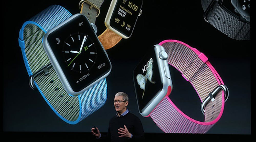 Apple CEO Tim Cook discusses the Apple Watch at a company event in March.