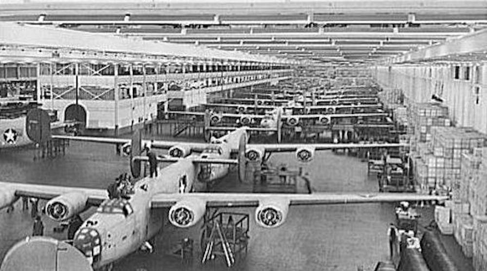 B-24 Liberators being manufactured at the Willow Run site, 1942.