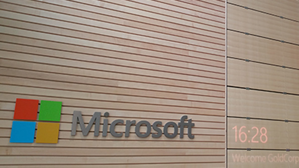 Microsoft logo and wordmark at the companys headquarters in Washington