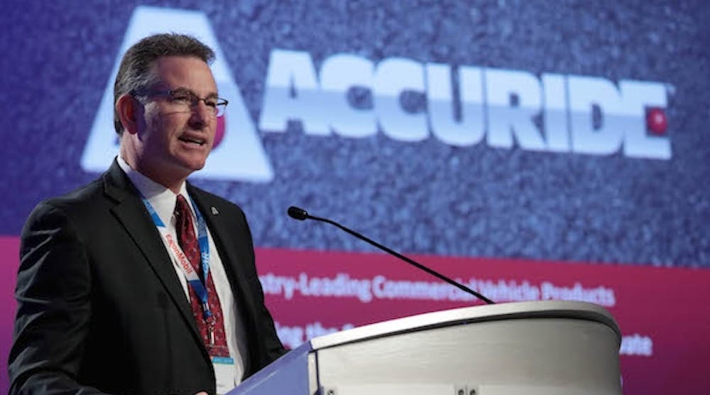 Richard F. Dauch, President and CEO of Accuride, speaking in Traverse City earlier this month.