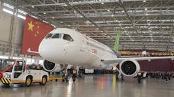 China&apos;s first self-developed large passenger jetliner C919 is presented after it rolled off the production line at Shanghai Aircraft Manufacturing Co., Ltd on November 2, 2015 in Shanghai, China.