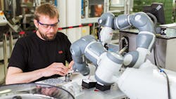 Collaborative robots enable complete mimicking of human articulation allowing true collaboration with a human IoT enables the robot to learn and adjust in the production of JampJ Consumer products in France Collaborative robots enable complete mimicking of human articulation allowing true collaboration with a human IoT enables the robot to learn and adjust in the production of JampJ Consumer products in France