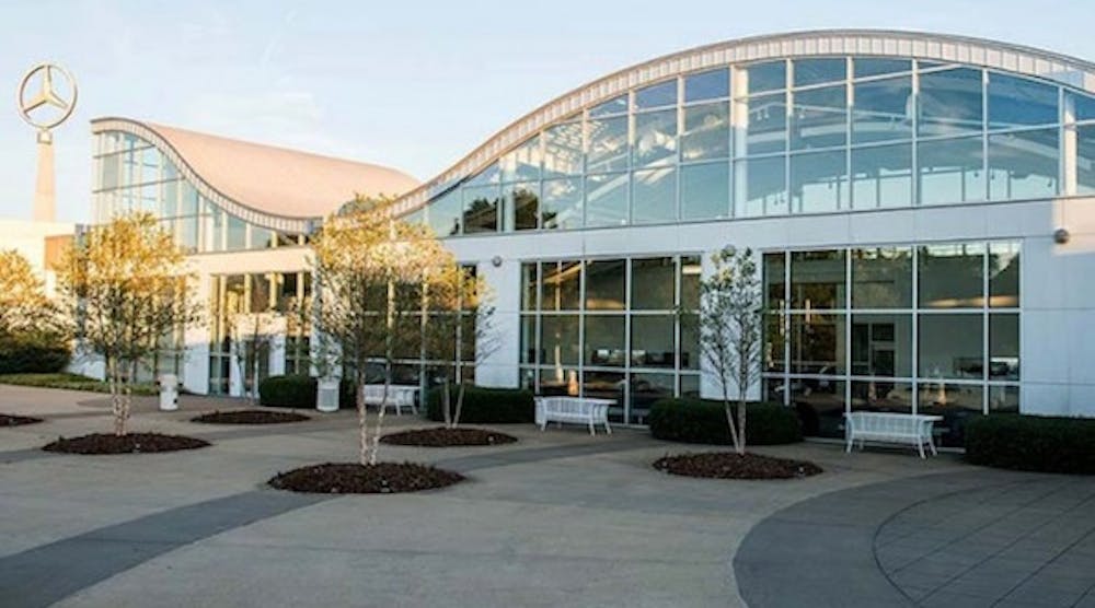 A courtyard view of Mercedes-Benz&apos;s plant in Tuscaloosa County, Ala.