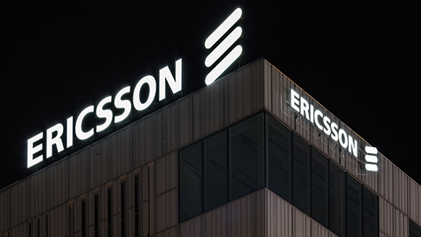 Ericsson logo and wordmark on a company building