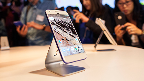 The new Google Pixel phone on display at a news event