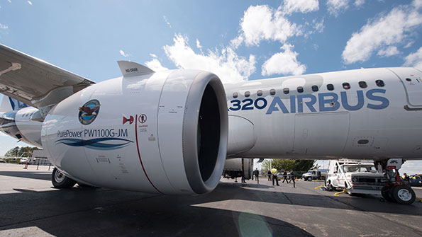 Pratt Whitney geared turbofan engine PurePower