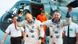 Copilots Jim Lovell and Buzz Aldrin celebrate after the Gemini XII splashdown on November 15 1966 Copilots Jim Lovell and Buzz Aldrin celebrate after the Gemini XII splashdown on November 15 1966