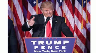 Republican president-elect Donald Trump gives a thumbs up to the crowd during his acceptance speech at his election night event at the New York Hilton Midtown in the early morning hours of Nov. 9.