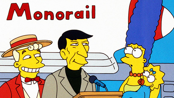 A promo image for the 1993 Simpsons episode Marge vs the Monorail