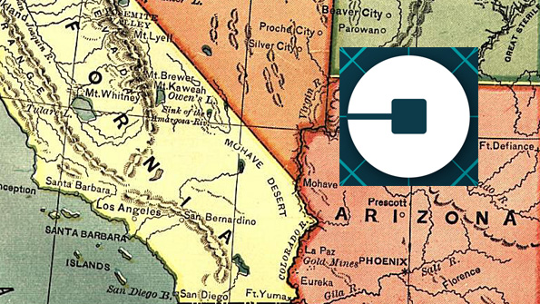 An Uber logo imposed over a map of California and Arizona