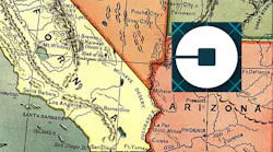 An Uber logo imposed over a map of California and Arizona