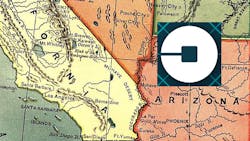 An Uber logo imposed over a map of California and Arizona An Uber logo imposed over a map of California and Arizona