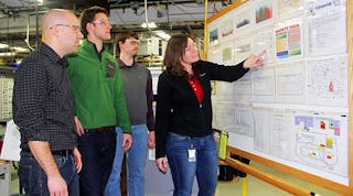Relentlessly improve through lean is the operational strategy at Watlow. Here, employees review performance at the gemba.