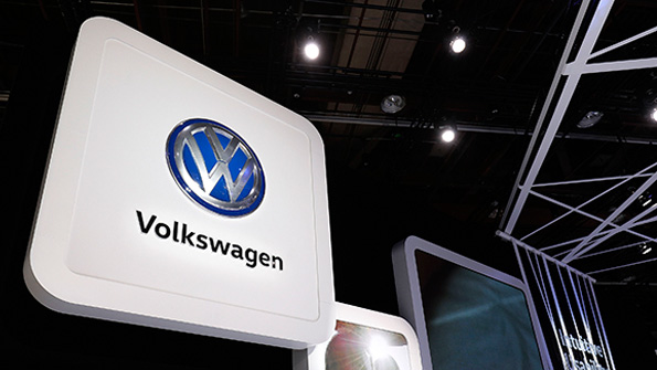 The Volkswagen logo at the NAIAS in Detroit