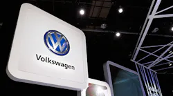 The Volkswagen logo at the NAIAS in Detroit