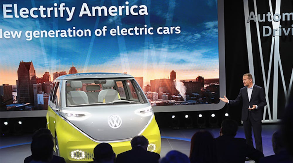 Volkswagen brand chair Herbert Diess introduces the ID Buzz concept van at the North American International Auto Show in Detroit.