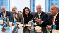 Amazon CEO Jeff Bezos, far left, listens to President-elect Donald Trump, far right, during his December tech summit in Trump Tower. Also pictured, from left, are Alphabet CEO Larry Page, Facebook COO Sheryl Sandberg and VP-elect Mike Pence.