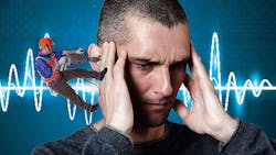 A photo illustration of a worker bombarded by noise A photo illustration of a worker bombarded by noise