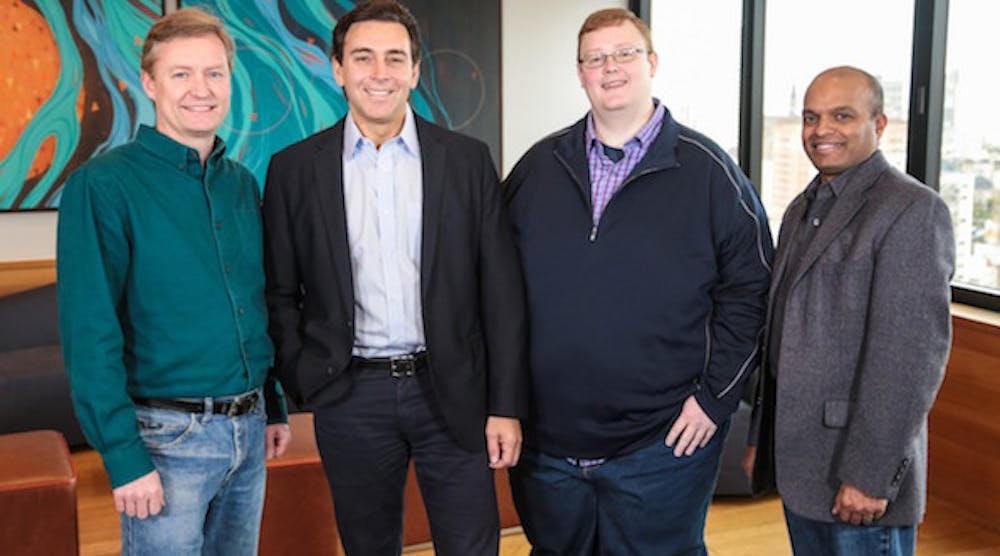 From left, Peter Rander, Argo AI COO; Mark Fields, Ford president and CEO; Bryan Salesky, Argo AI CEO; and Raj Nair, Ford executive vice president, product development, and CTO. Salesky and Rander are alumni of Carnegie Mellon National Robotics Engineering Center and former leaders on the self-driving car teams of Google and Uber, respectively