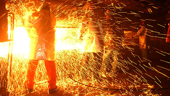 Molten steel is shaped into billets at the TAMCO mini mill in California