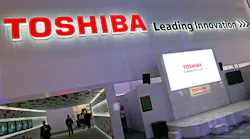 The Toshiba wordmark on display at a trade show