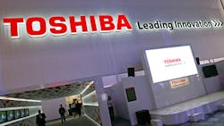 The Toshiba wordmark on display at a trade show The Toshiba wordmark on display at a trade show