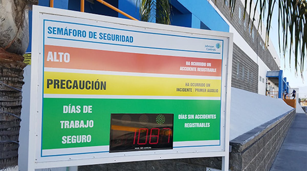 A counter outside the Johnson Controls plant in Nuevo Leon, Mexico, tracks how many days have passed since the last recordable accident. (The number is higher now.)