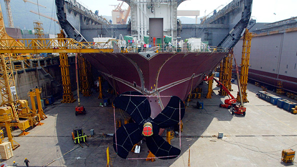 A ship in drydock at Daewoo Shipbuilding Marine Engineering in Geoje Island