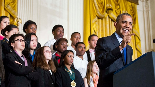 US President Barack Obama delivers remarks after viewing science projects at the White House Science Fair at the White House March 23 2015 in Washington DC During his remarks President Obama announced more than 240 million in pledges to boost the study of STEM fields