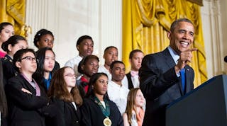 U.S. President Barack Obama delivers remarks after viewing science projects at the White House Science Fair, at the White House, March 23, 2015 in Washington, DC. During his remarks, President Obama announced more than $240 million in pledges to boost the study of STEM fields.