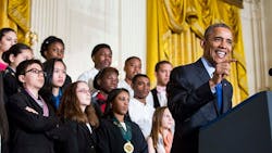 US President Barack Obama delivers remarks after viewing science projects at the White House Science Fair at the White House March 23 2015 in Washington DC During his remarks President Obama announced more than 240 million in pledges to boost the study of STEM fields US President Barack Obama delivers remarks after viewing science projects at the White House Science Fair at the White House March 23 2015 in Washington DC During his remarks President Obama announced more than 240 million in pledges to boost the study of STEM fields