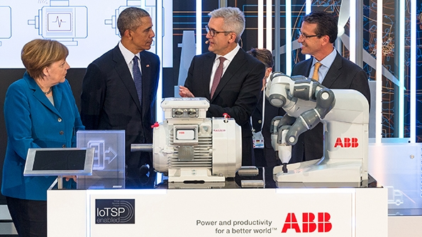 President Obama and German Chancellor Angela Merkel listen to ABB CEO Ulrich Spiesshofer and Greg Scheu far right president of ABBrsquos Americas region discuss how a new smart sensor can connect lowvoltage motors to the internet and improve productivity