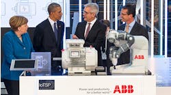 President Obama and German Chancellor Angela Merkel listen to ABB CEO Ulrich Spiesshofer and Greg Scheu (far right), president of ABB&rsquo;s Americas region, discuss how a new smart sensor can connect low-voltage motors to the internet and improve productivity.