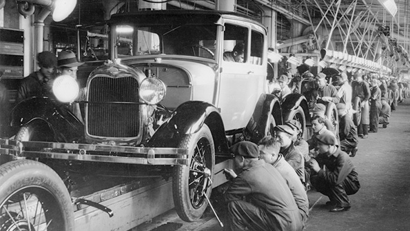 The production line at a Ford motor factory in Michigan way back in 1927