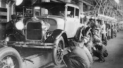 The production line at a Ford motor factory in Michigan, way back in 1927.