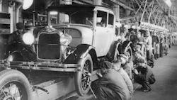 The production line at a Ford motor factory in Michigan way back in 1927 The production line at a Ford motor factory in Michigan way back in 1927
